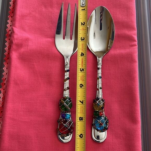 Beaded artisan serving spoon and fork set. - Picture 8 of 8